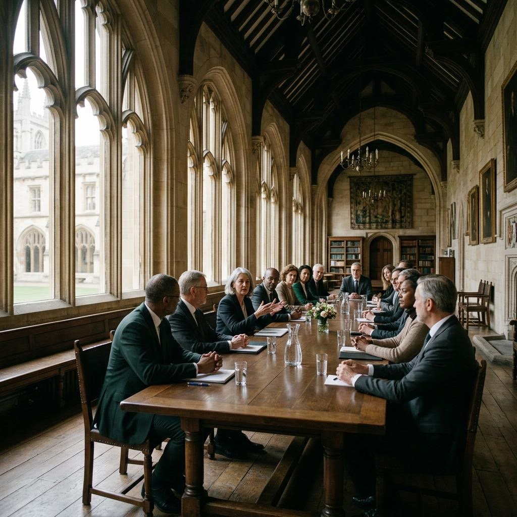 Institutional hall, evoking the edtech publisher partnerships and alliances EGV builds