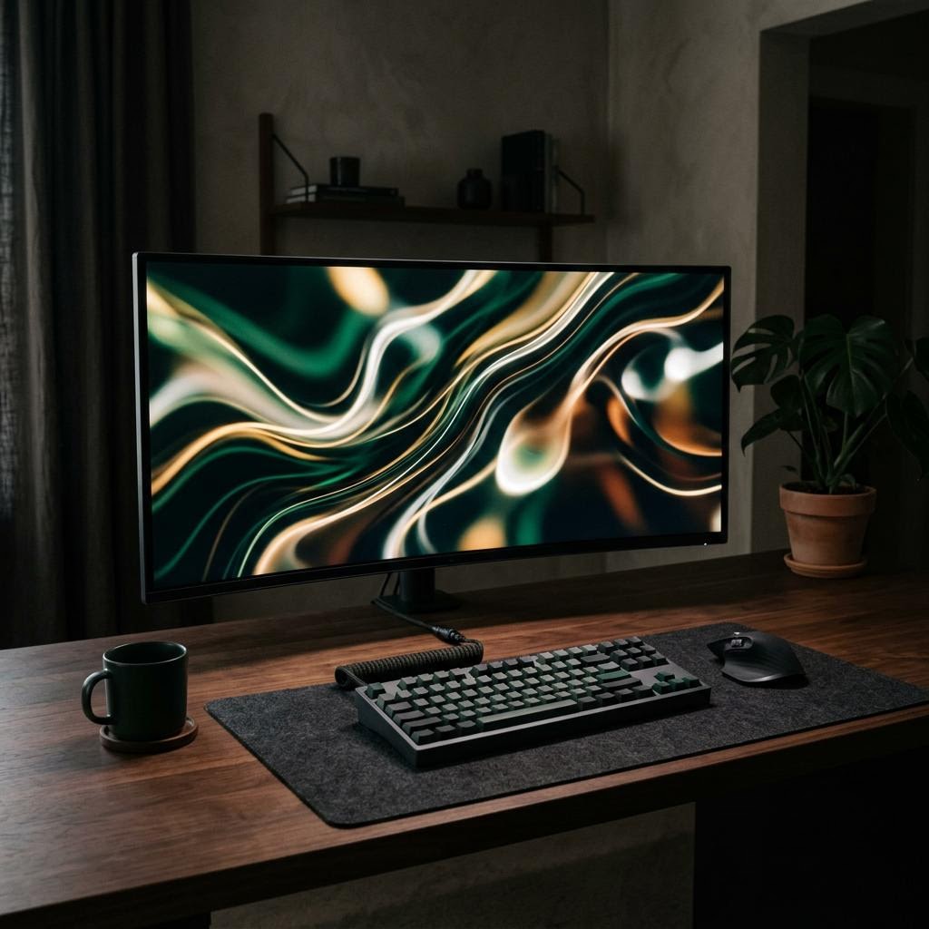 Designer workstation displaying a layered system, representing prompt engineering services and design systems