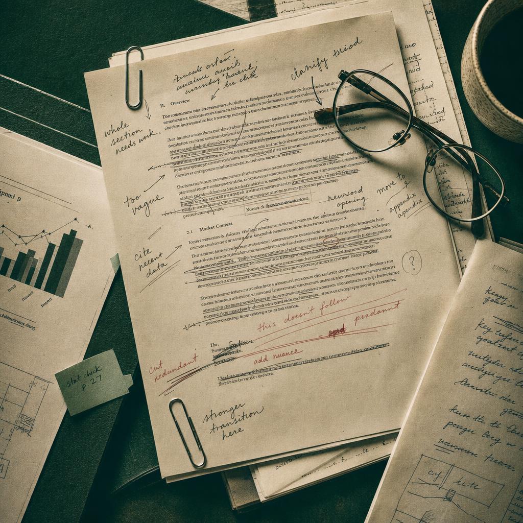 Investment memos and diligence documents annotated in pen on a working table
