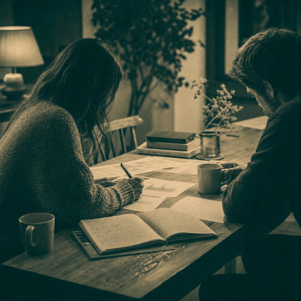 Two people working through printed specifications and notes at a table during a software planning session